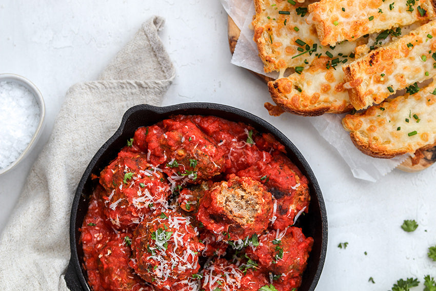 Meatballs with Cheesy Garlic Sticks