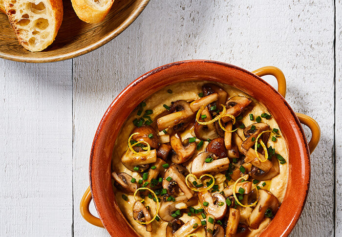 Garlicky Mushrooms and Hummus with Bread Soldiers
