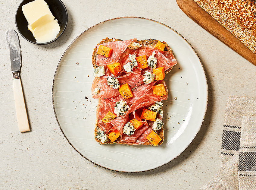 Sweet Potato, Blue Cheese and Salami Open-Faced Sandwich