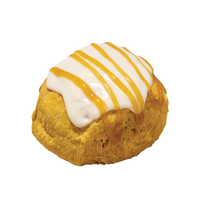 COBS Bread Pumpkin Scone topped with cream cheese glaze and caramel drizzle