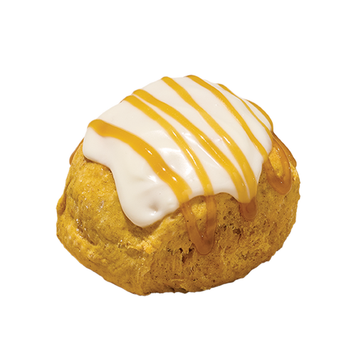 COBS Bread Pumpkin Scone topped with cream cheese glaze and caramel drizzle